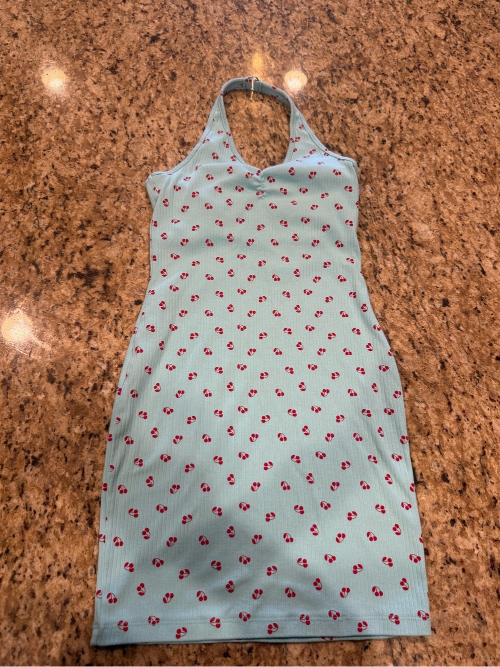 SzL Art Class Light Blue Halter Dress with Red Cherry Print